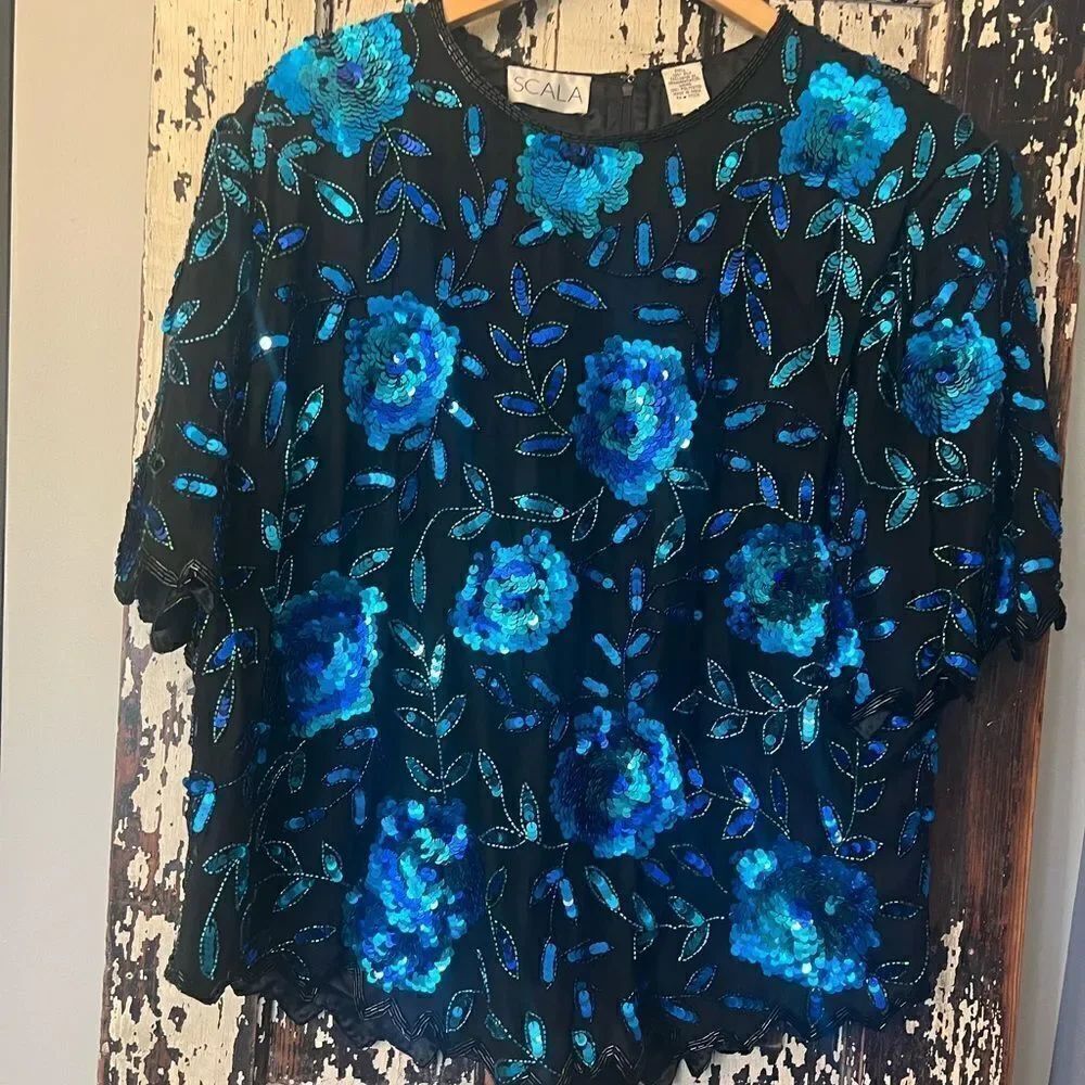Vintage Scala sequined, silk Floral occasion cocktail Blouse Top.  Size 2X.